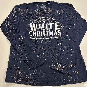 Navy Blue Bleach Splatter Long Sleeve Tee with Festive Design, size medium, NWOT